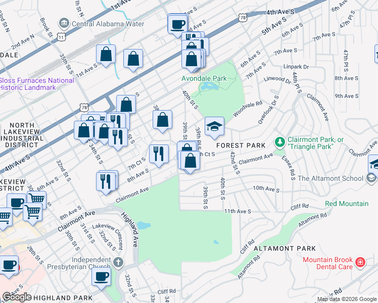 map of restaurants, bars, coffee shops, grocery stores, and more near 3911 8th Court South in Birmingham