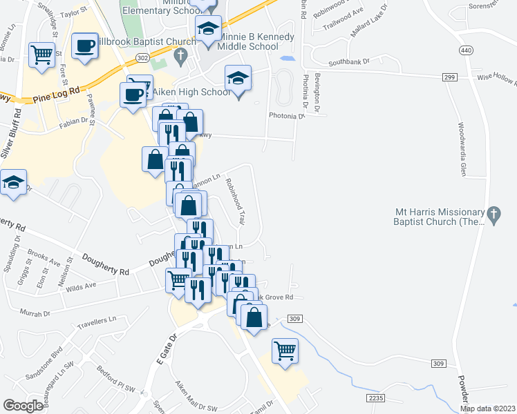 map of restaurants, bars, coffee shops, grocery stores, and more near 145 Sharyn Lane in Aiken