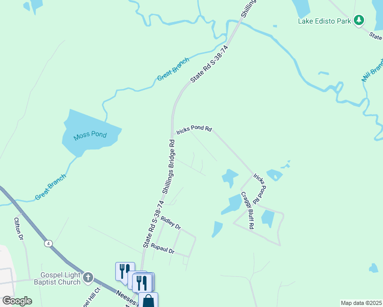 map of restaurants, bars, coffee shops, grocery stores, and more near 121 Promise Lane in Orangeburg