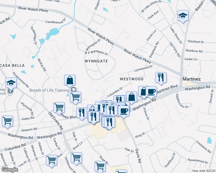 map of restaurants, bars, coffee shops, grocery stores, and more near 118 Brittany Way in Martinez