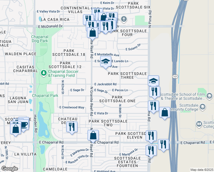 map of restaurants, bars, coffee shops, grocery stores, and more near 8438 East Sage Drive in Scottsdale