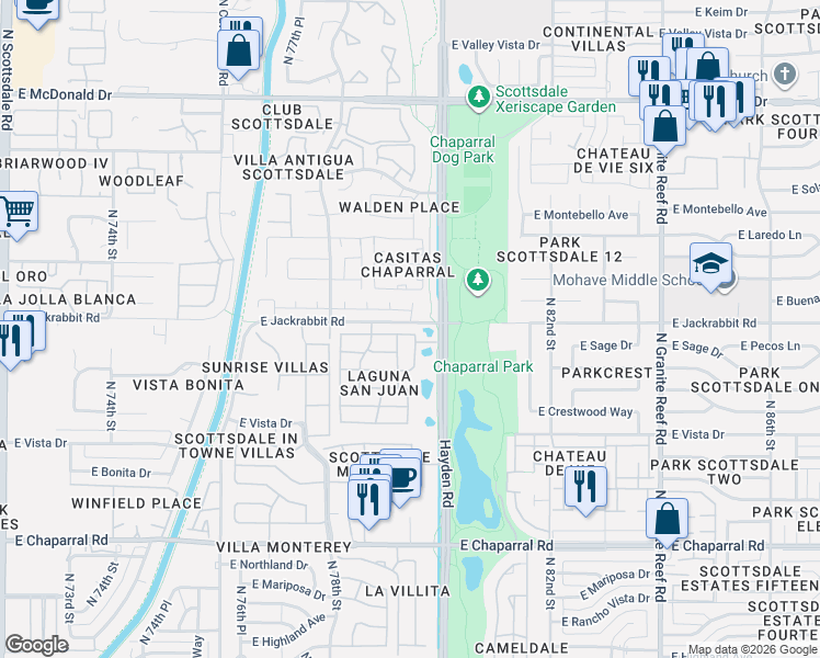 map of restaurants, bars, coffee shops, grocery stores, and more near 5445 North 79th Place in Scottsdale