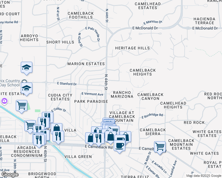 map of restaurants, bars, coffee shops, grocery stores, and more near 4419 East Vermont Avenue North in Phoenix