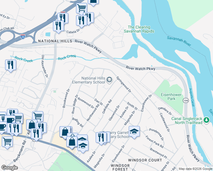 map of restaurants, bars, coffee shops, grocery stores, and more near 1215 Northwood Road in Augusta