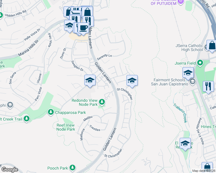 map of restaurants, bars, coffee shops, grocery stores, and more near 20 Saint Christopher in Laguna Niguel