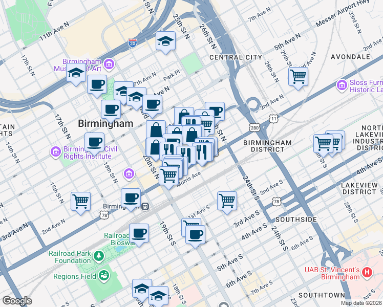 map of restaurants, bars, coffee shops, grocery stores, and more near 113 22nd Street North in Birmingham