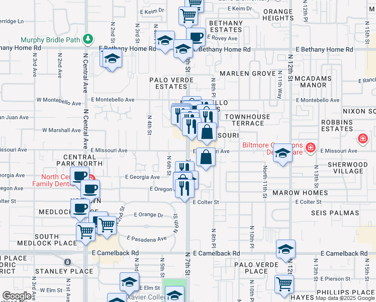map of restaurants, bars, coffee shops, grocery stores, and more near N 7th St & E Missouri Ave in Phoenix