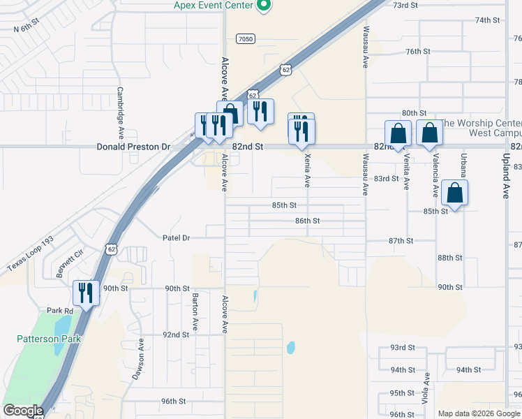 map of restaurants, bars, coffee shops, grocery stores, and more near 7628 86th Street in Lubbock