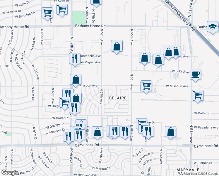 map of restaurants, bars, coffee shops, grocery stores, and more near 5601 West Missouri Avenue in Glendale