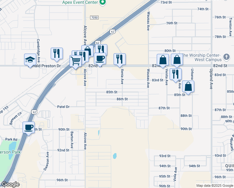 map of restaurants, bars, coffee shops, grocery stores, and more near 7606 86th Street in Lubbock