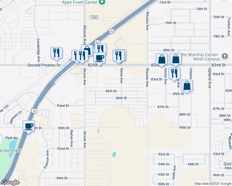 map of restaurants, bars, coffee shops, grocery stores, and more near 7606 86th Street in Lubbock