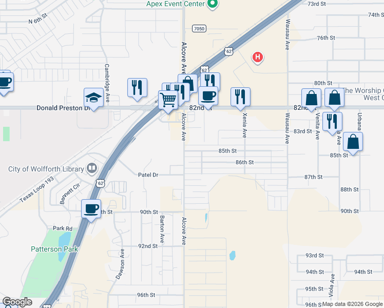 map of restaurants, bars, coffee shops, grocery stores, and more near 7808 86th Street in Lubbock