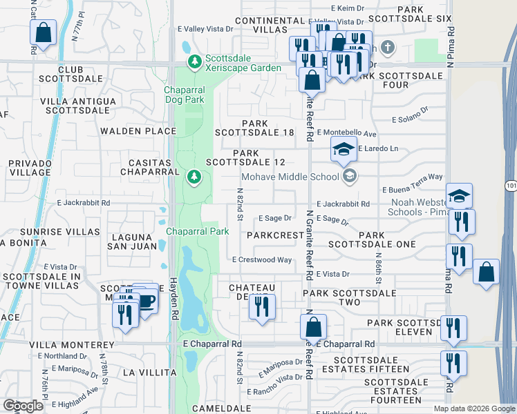 map of restaurants, bars, coffee shops, grocery stores, and more near 8238 East Sage Drive in Scottsdale