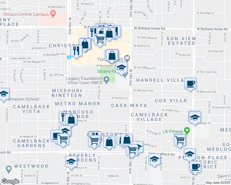 map of restaurants, bars, coffee shops, grocery stores, and more near 1548 West Denton Lane in Phoenix