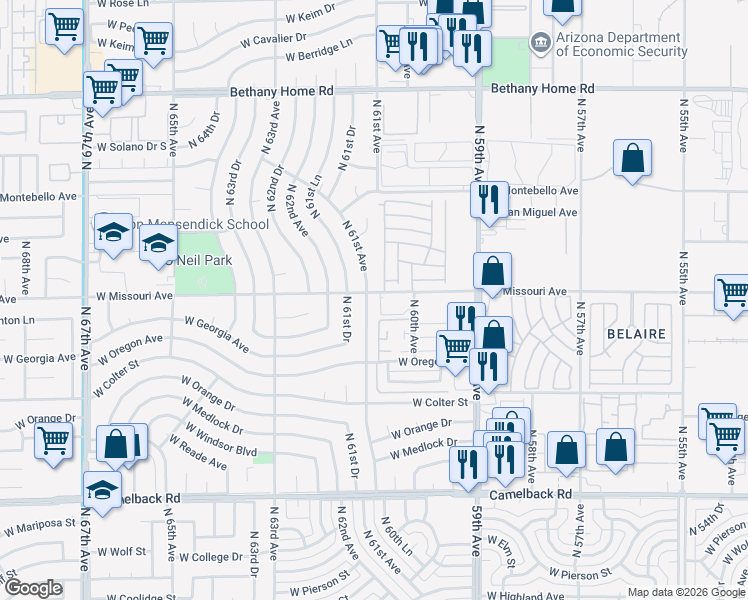 map of restaurants, bars, coffee shops, grocery stores, and more near 5347 North 61st Avenue in Glendale