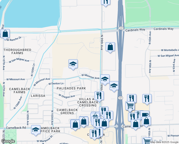 map of restaurants, bars, coffee shops, grocery stores, and more near 5467-5499 N 101st Ave in Glendale