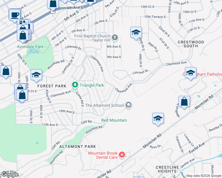 map of restaurants, bars, coffee shops, grocery stores, and more near 909 Landale Road in Birmingham