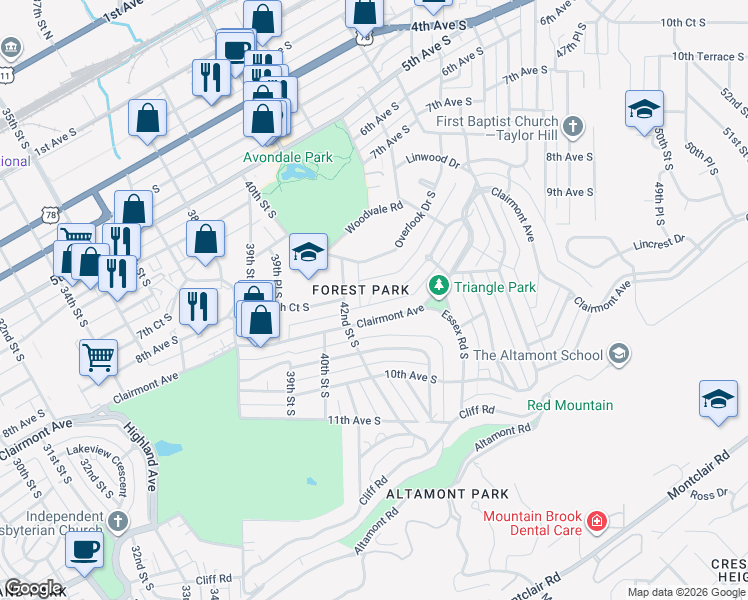 map of restaurants, bars, coffee shops, grocery stores, and more near 4216 Clairmont Avenue in Birmingham