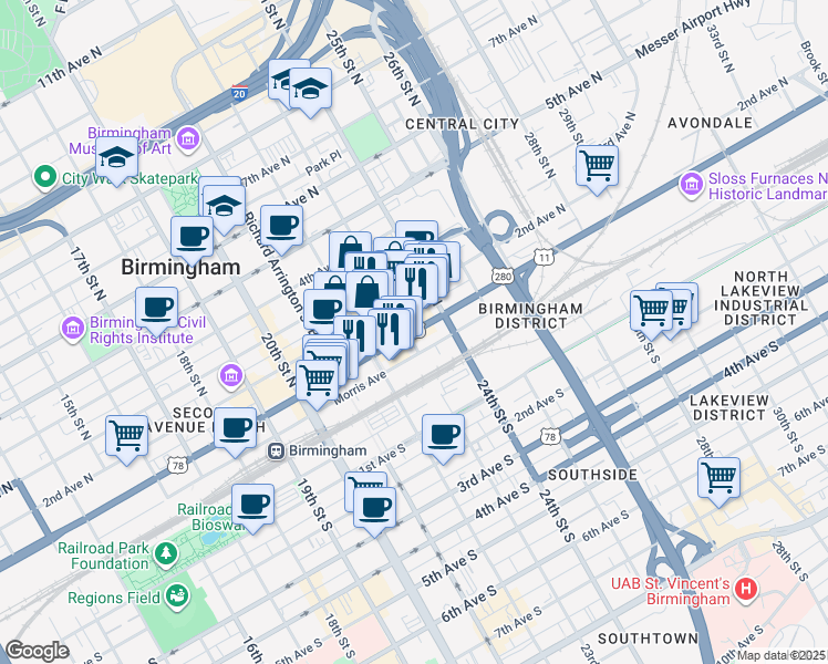 map of restaurants, bars, coffee shops, grocery stores, and more near 2219 1st Avenue North in Birmingham