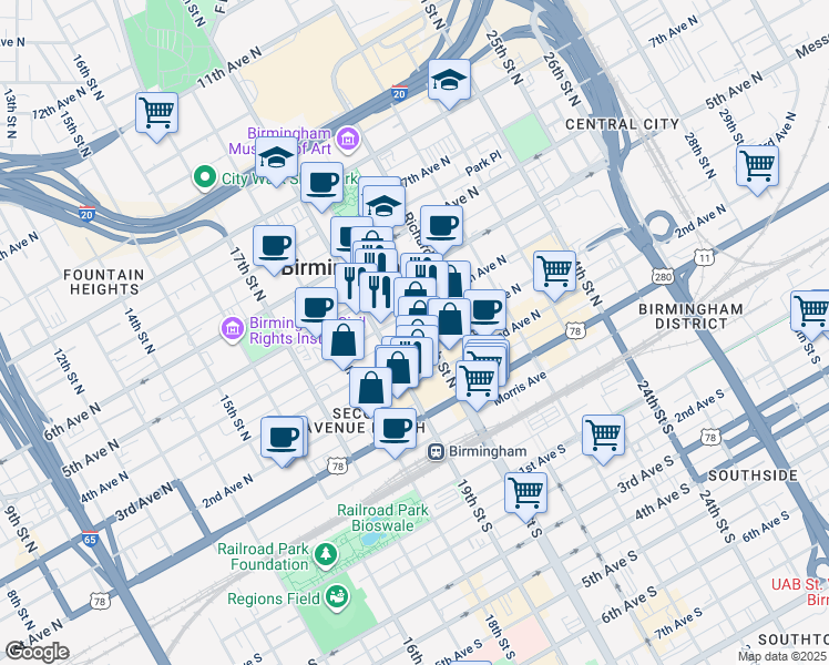map of restaurants, bars, coffee shops, grocery stores, and more near 1900 3rd Avenue North in Birmingham