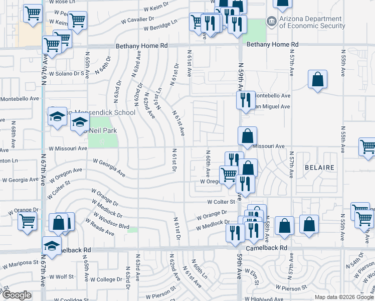 map of restaurants, bars, coffee shops, grocery stores, and more near 5347 North 61st Avenue in Glendale