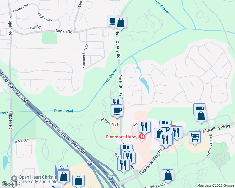 map of restaurants, bars, coffee shops, grocery stores, and more near 1107 Rock Quarry Road in Stockbridge