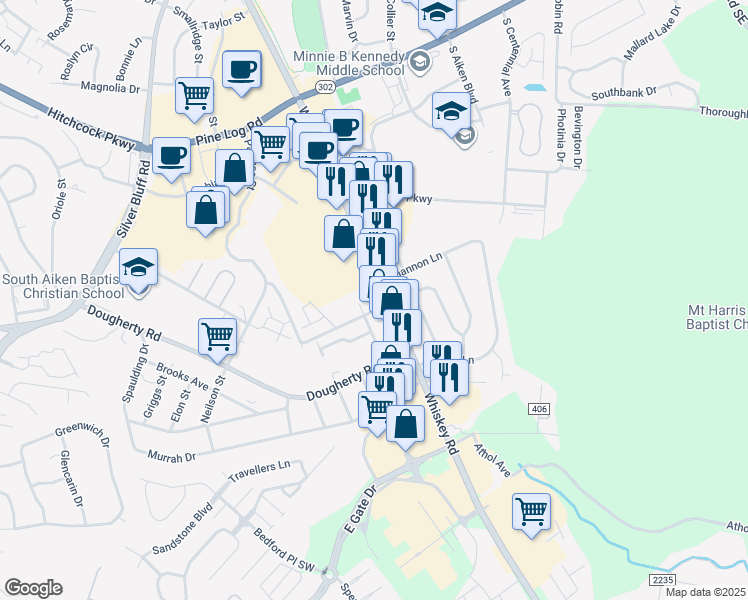 map of restaurants, bars, coffee shops, grocery stores, and more near 2129 Whiskey Road in Aiken