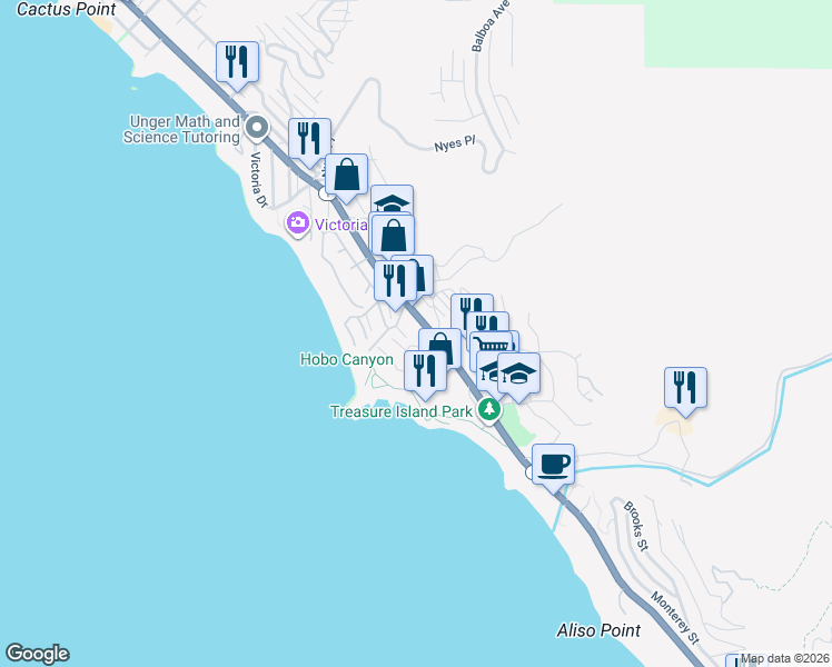 map of restaurants, bars, coffee shops, grocery stores, and more near 1 Stickley Drive in Laguna Beach