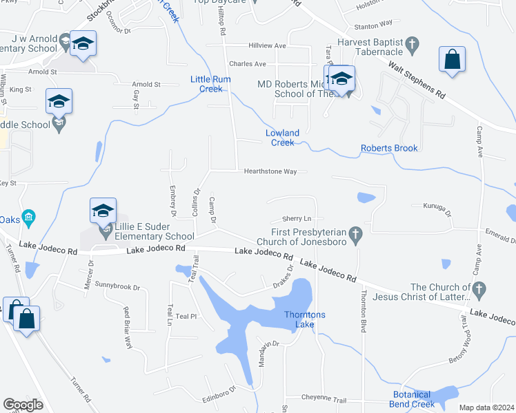 map of restaurants, bars, coffee shops, grocery stores, and more near 8661 Twin Oaks Drive in Jonesboro