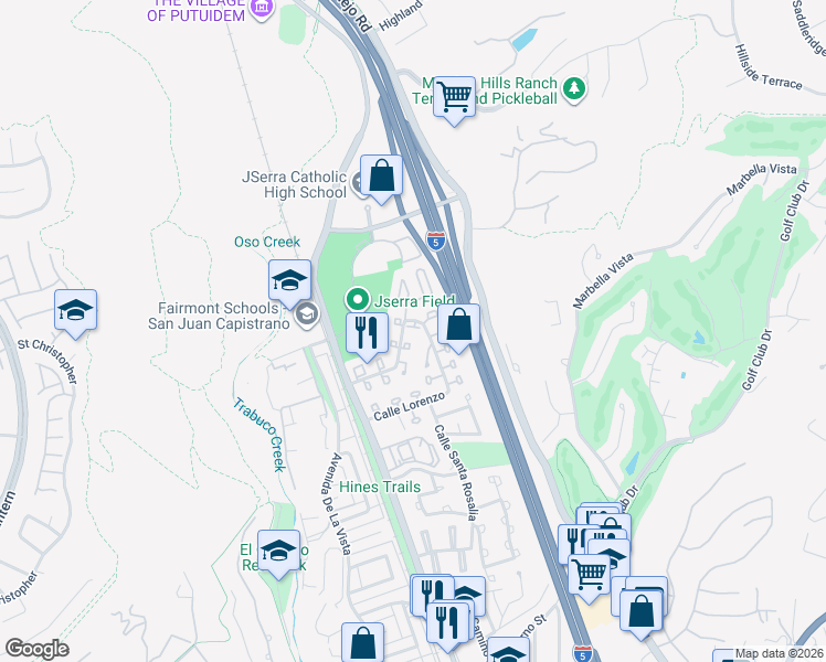 map of restaurants, bars, coffee shops, grocery stores, and more near 30735 Calle Resplendor in San Juan Capistrano