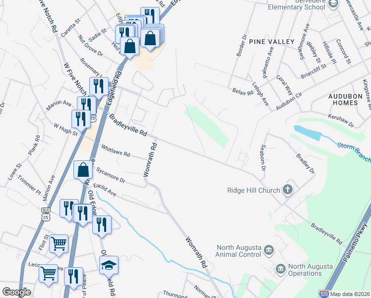 map of restaurants, bars, coffee shops, grocery stores, and more near 351 Bradleyville Road in North Augusta