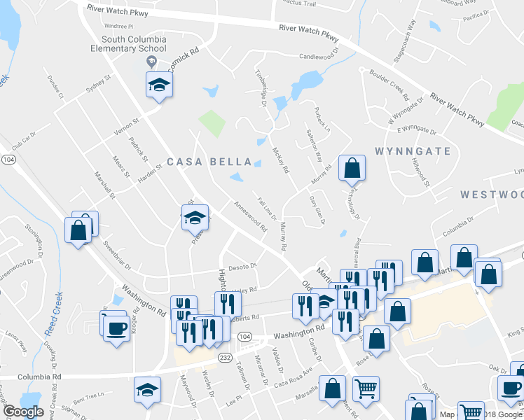 map of restaurants, bars, coffee shops, grocery stores, and more near 143 Fall Line Drive in Augusta
