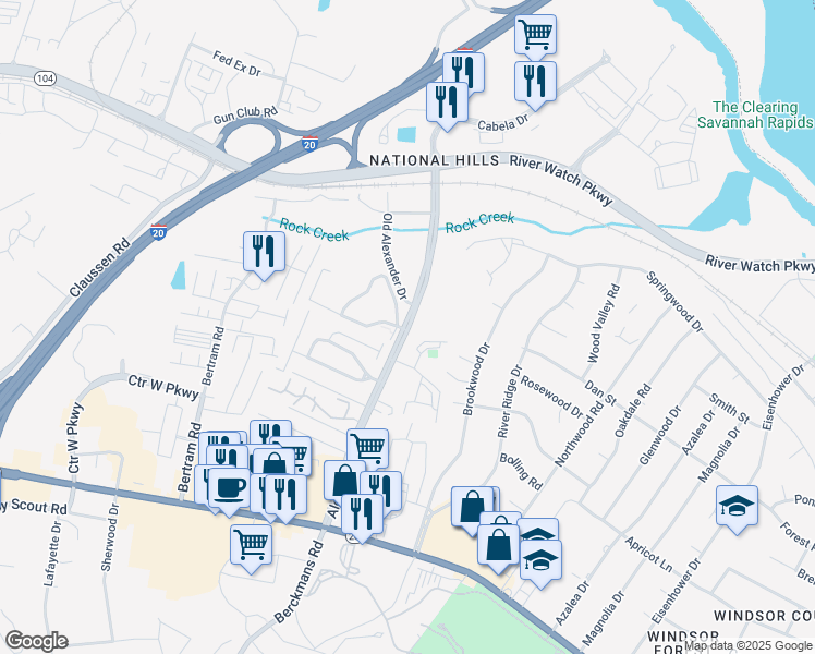 map of restaurants, bars, coffee shops, grocery stores, and more near 1040 Alexander Drive in Augusta