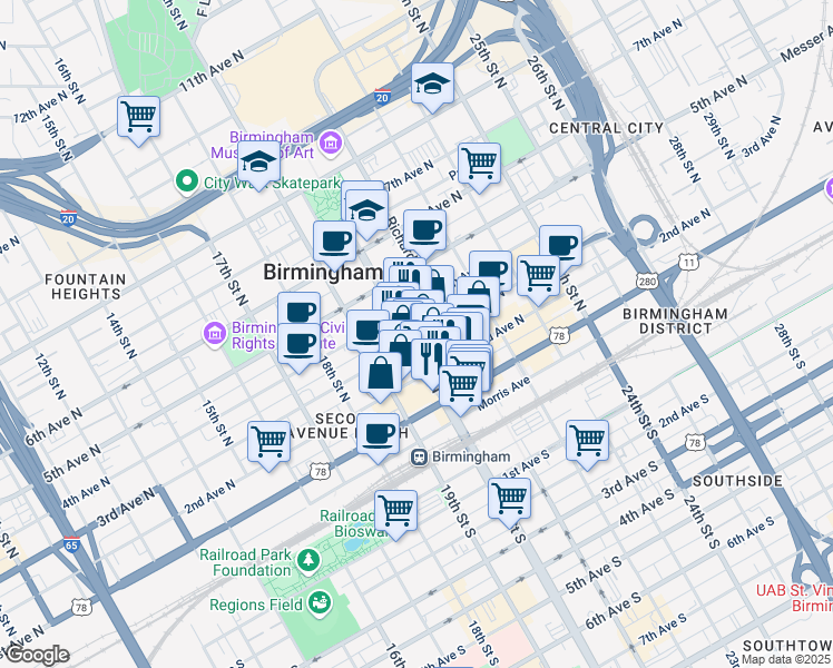 map of restaurants, bars, coffee shops, grocery stores, and more near 217 20th Street North in Birmingham