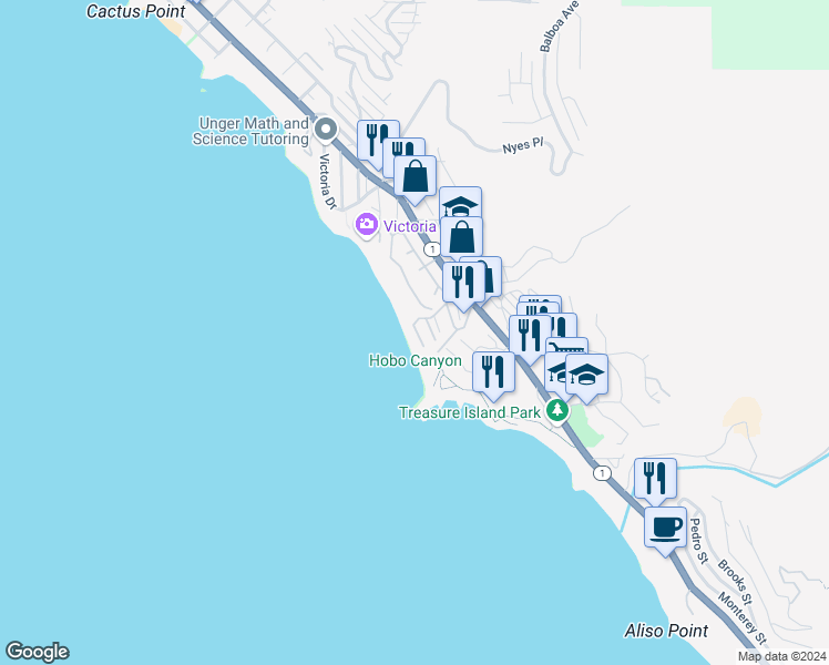 map of restaurants, bars, coffee shops, grocery stores, and more near 99 Blue Lagoon in Laguna Beach
