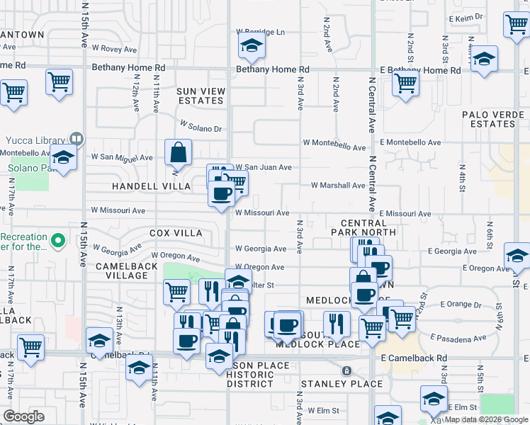 map of restaurants, bars, coffee shops, grocery stores, and more near 420 West Vermont Avenue in Phoenix