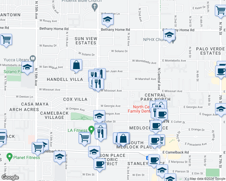 map of restaurants, bars, coffee shops, grocery stores, and more near 420 West Vermont Avenue in Phoenix