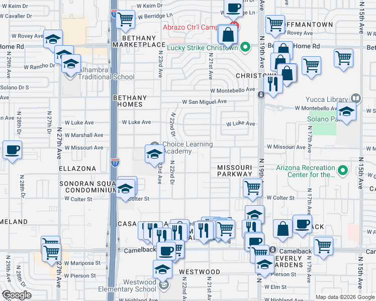 map of restaurants, bars, coffee shops, grocery stores, and more near 5323 North 22nd Avenue in Phoenix