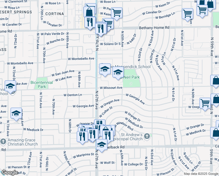 map of restaurants, bars, coffee shops, grocery stores, and more near 5409 North 65th Lane in Glendale