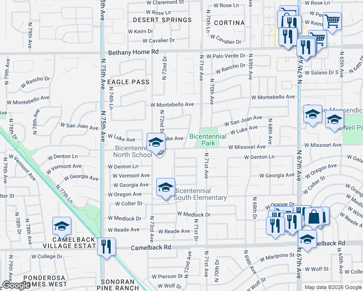 map of restaurants, bars, coffee shops, grocery stores, and more near 7142 West Denton Lane in Glendale