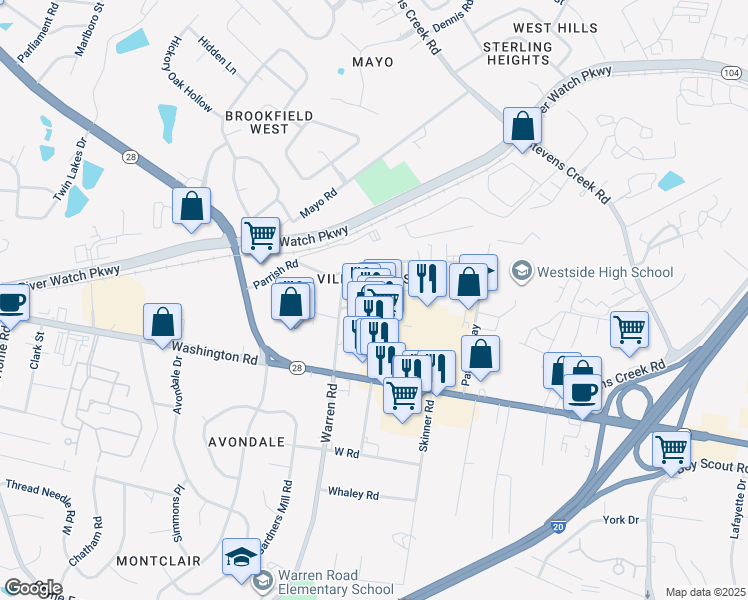 map of restaurants, bars, coffee shops, grocery stores, and more near 603 Shartom Drive in Augusta