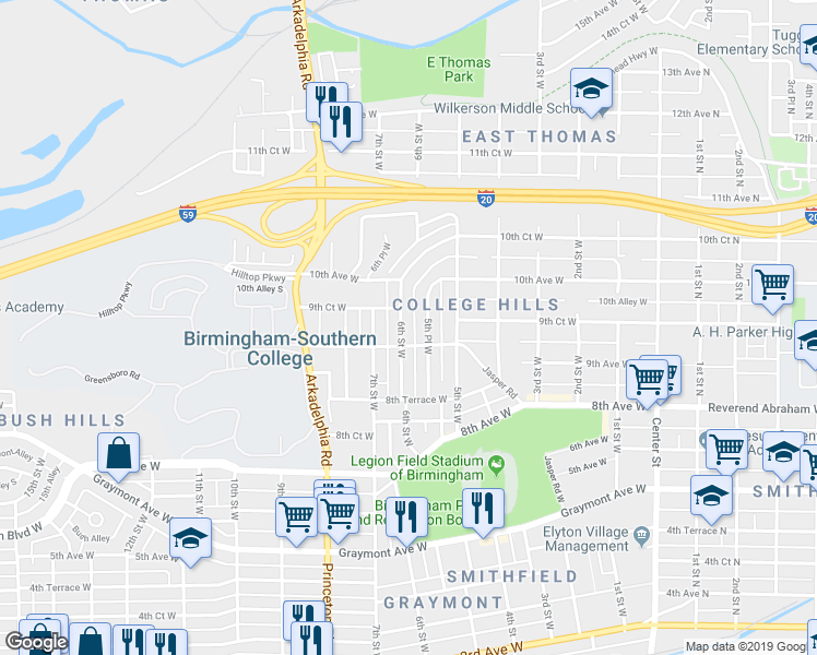 map of restaurants, bars, coffee shops, grocery stores, and more near 900 5th Place West in Birmingham
