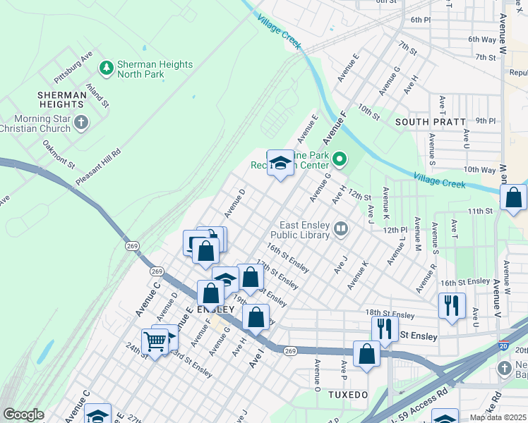 map of restaurants, bars, coffee shops, grocery stores, and more near 1500 Avenue F in Birmingham
