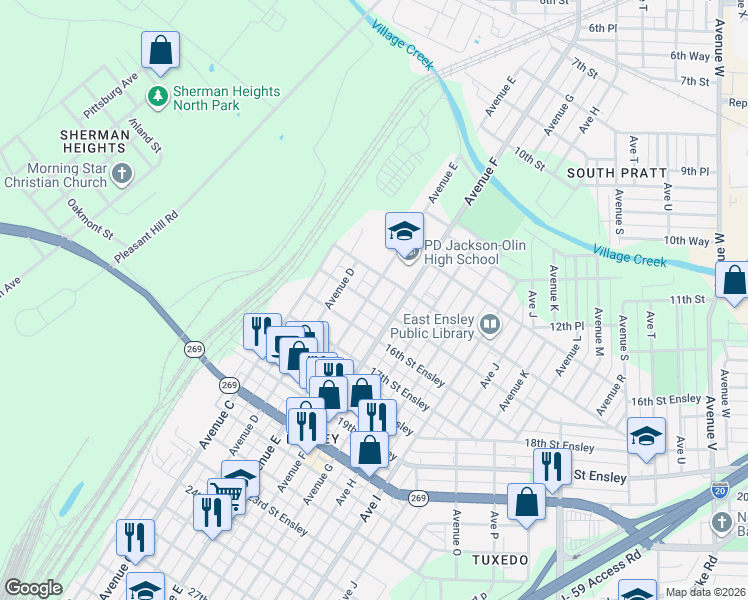 map of restaurants, bars, coffee shops, grocery stores, and more near 1500 Avenue F in Birmingham