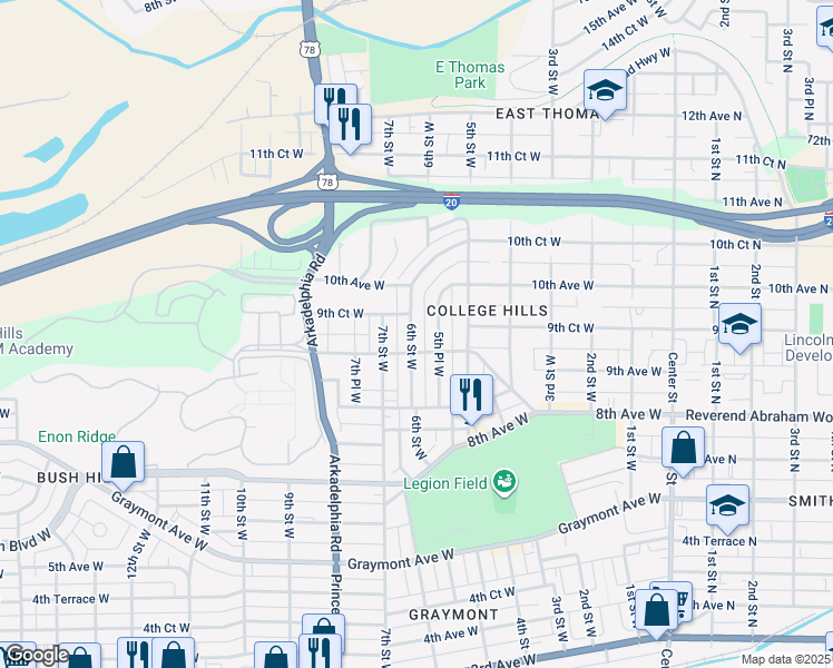 map of restaurants, bars, coffee shops, grocery stores, and more near 915 6th Street West in Birmingham