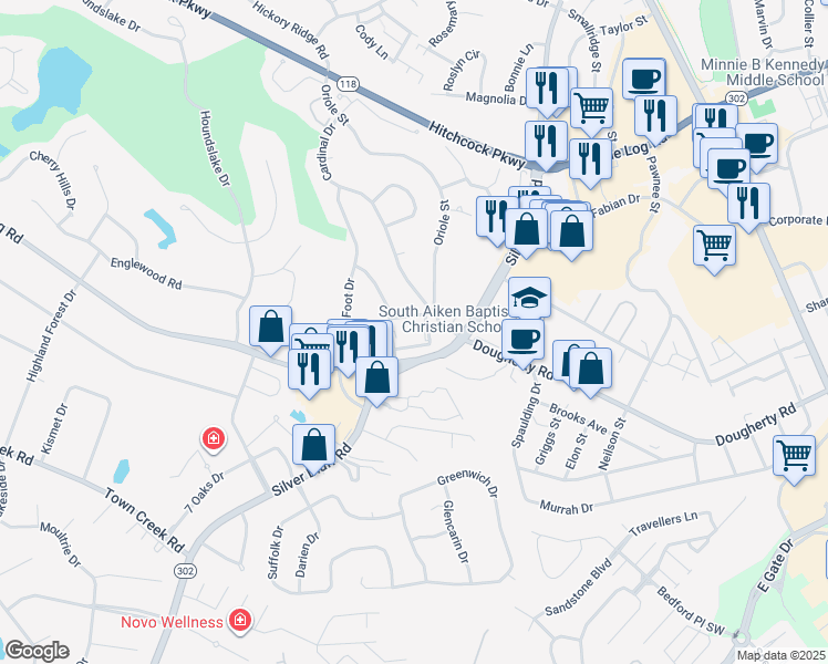 map of restaurants, bars, coffee shops, grocery stores, and more near 650 Silver Bluff Road in Aiken