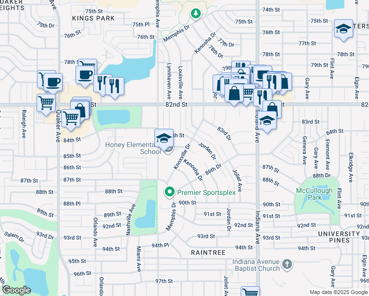 map of restaurants, bars, coffee shops, grocery stores, and more near 3615 86th Street in Lubbock