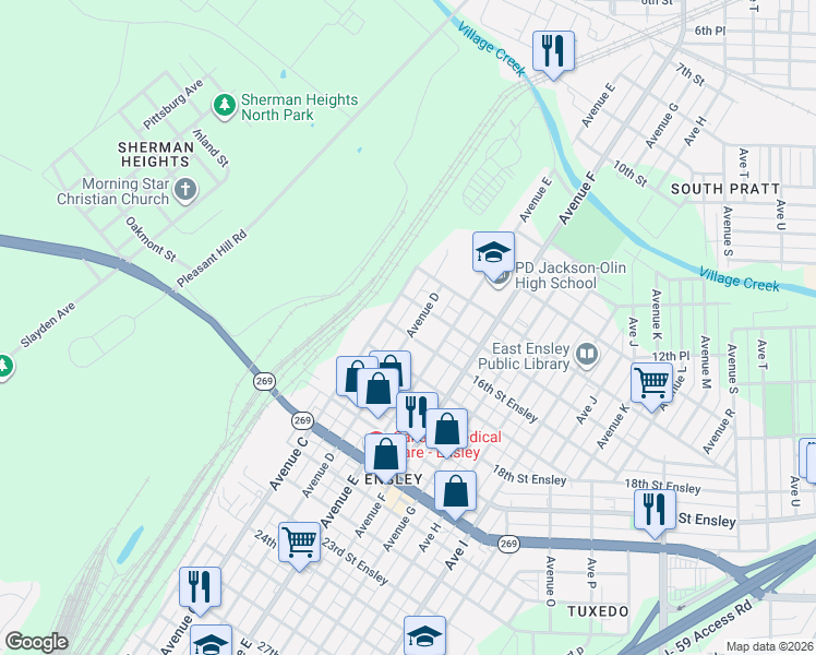 map of restaurants, bars, coffee shops, grocery stores, and more near 1524 Avenue D in Birmingham
