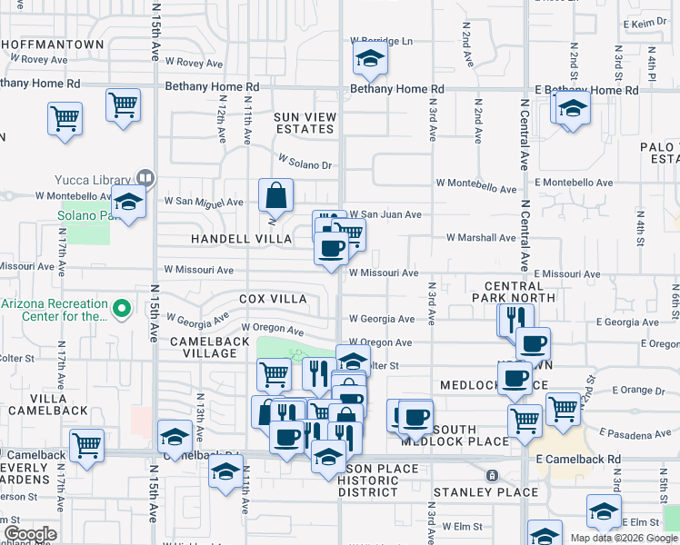 map of restaurants, bars, coffee shops, grocery stores, and more near North 7th Avenue in Phoenix