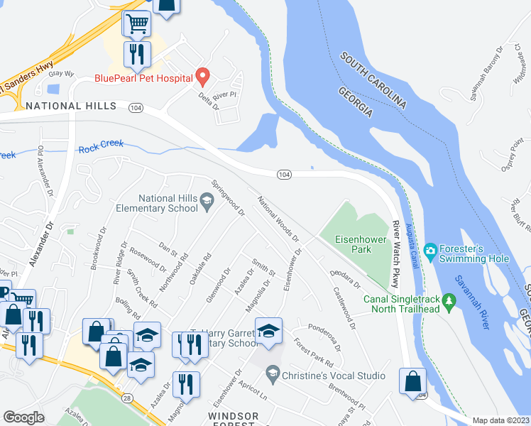 map of restaurants, bars, coffee shops, grocery stores, and more near 2622 Nationalwoods Drive in Augusta
